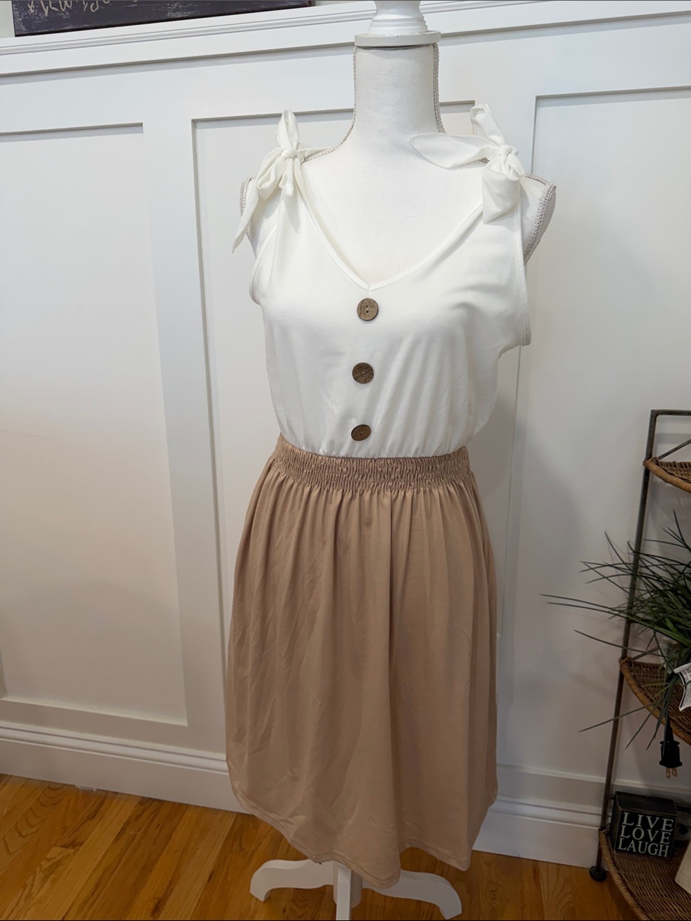 SHEIN Cream Tie-Shoulder Button Top with Tan Elastic Midi dress
